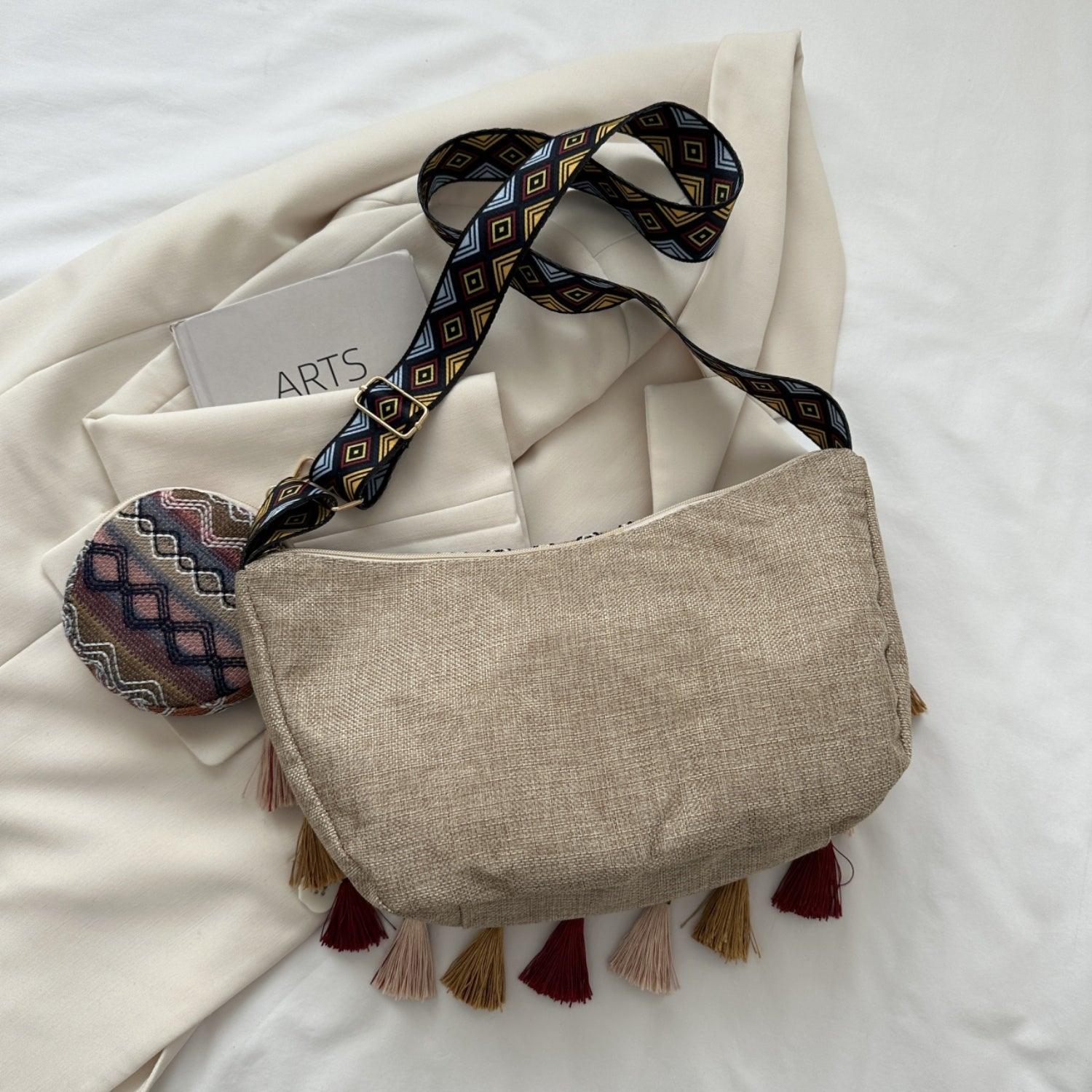 Printed Tassel Detail Crossbody Bag with Small Purse - Clothes For Her Online Store