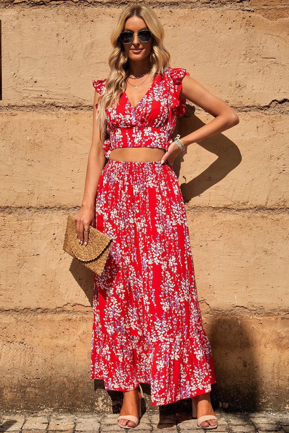 Printed Tie Back Cropped Top and Maxi Skirt Set - Clothes For Her Online Store