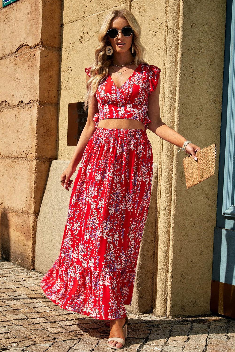 Printed Tie Back Cropped Top and Maxi Skirt Set - Clothes For Her Online Store