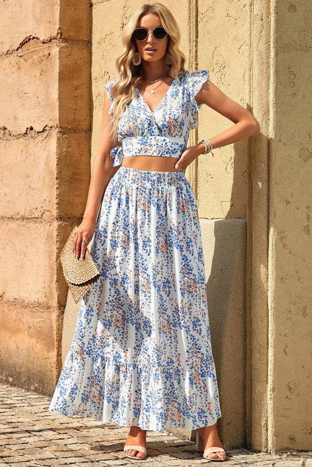 Printed Tie Back Cropped Top and Maxi Skirt Set - Clothes For Her Online Store