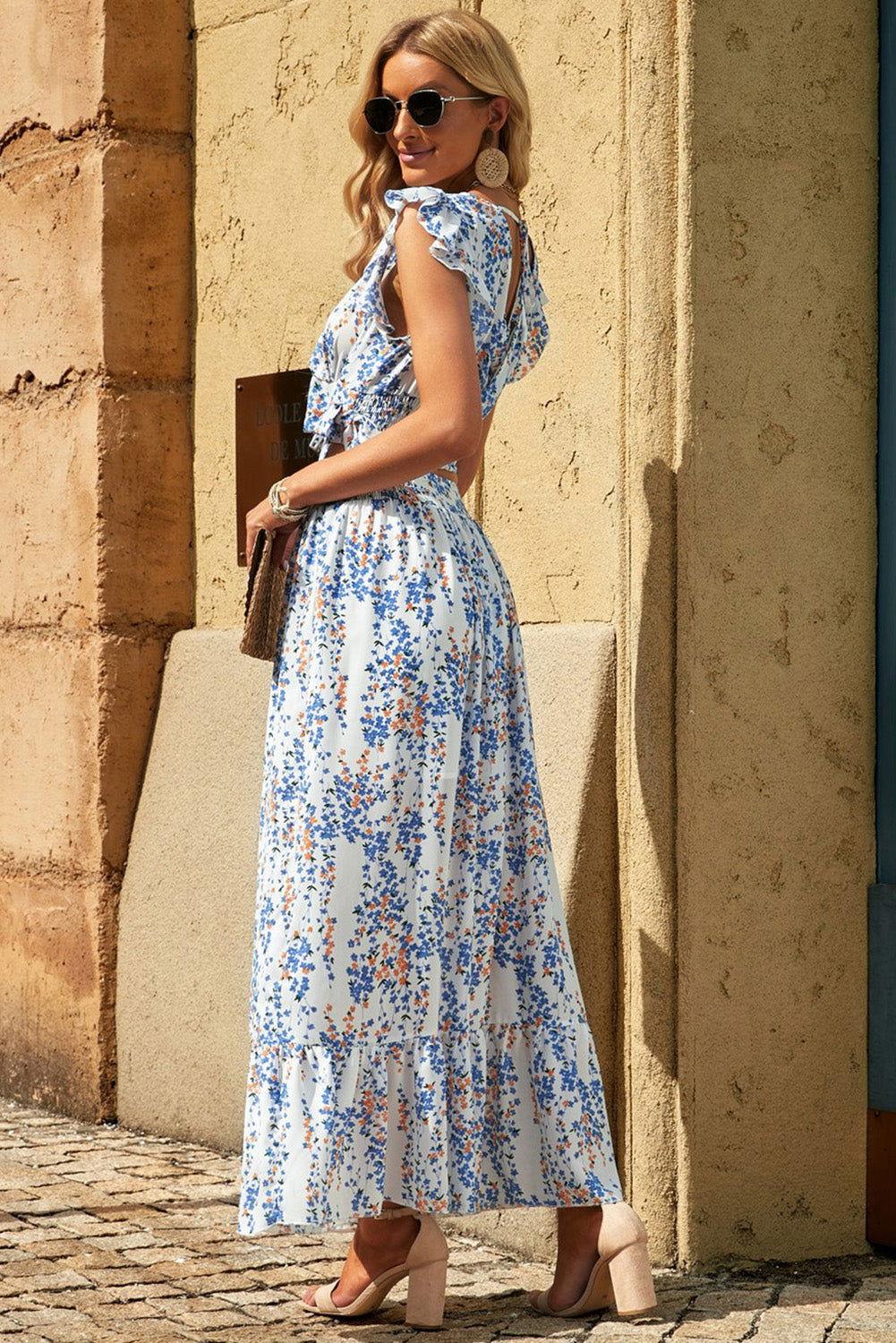 Printed Tie Back Cropped Top and Maxi Skirt Set - Clothes For Her Online Store