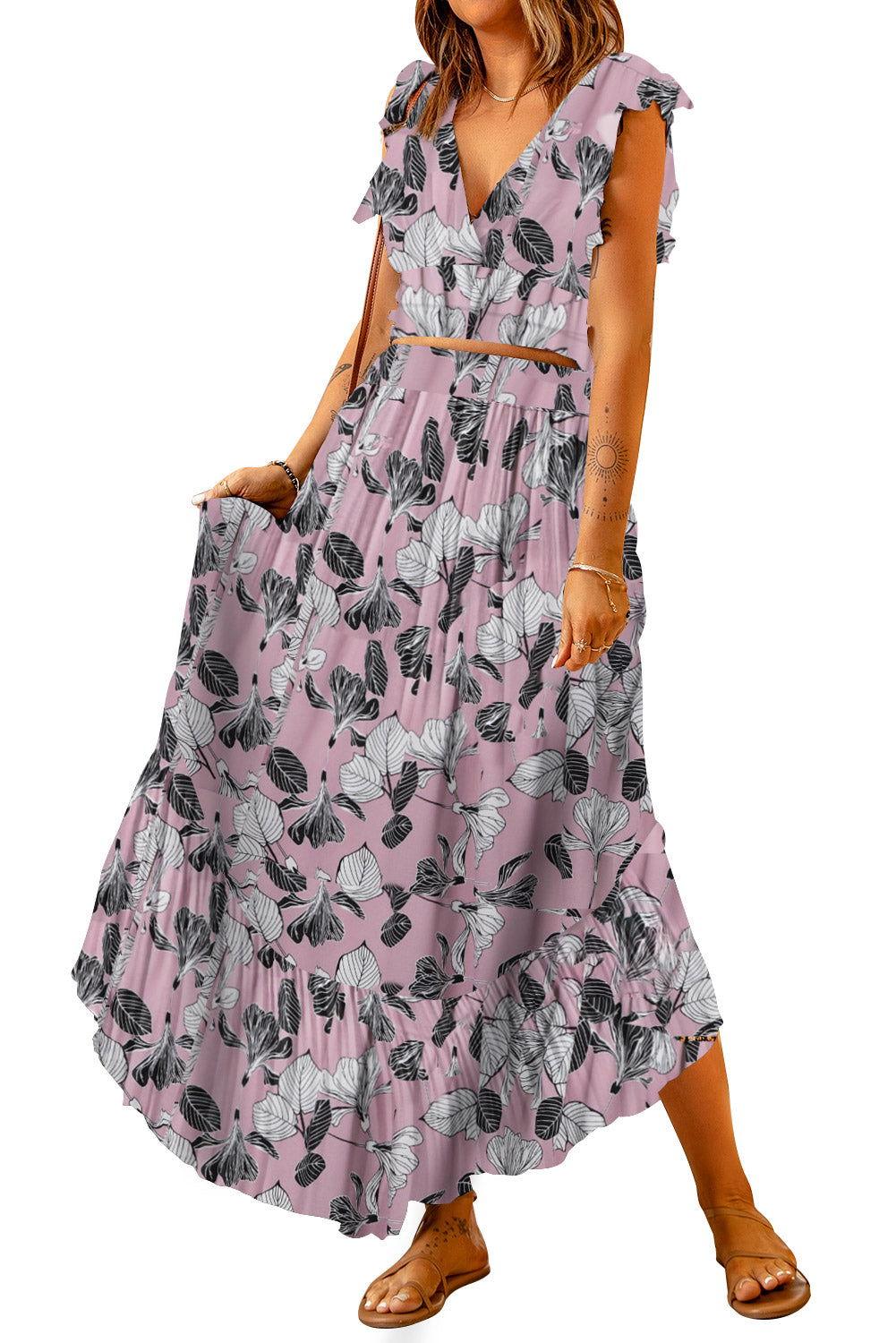 Printed Tie Back Cropped Top and Maxi Skirt Set - Clothes For Her Online Store