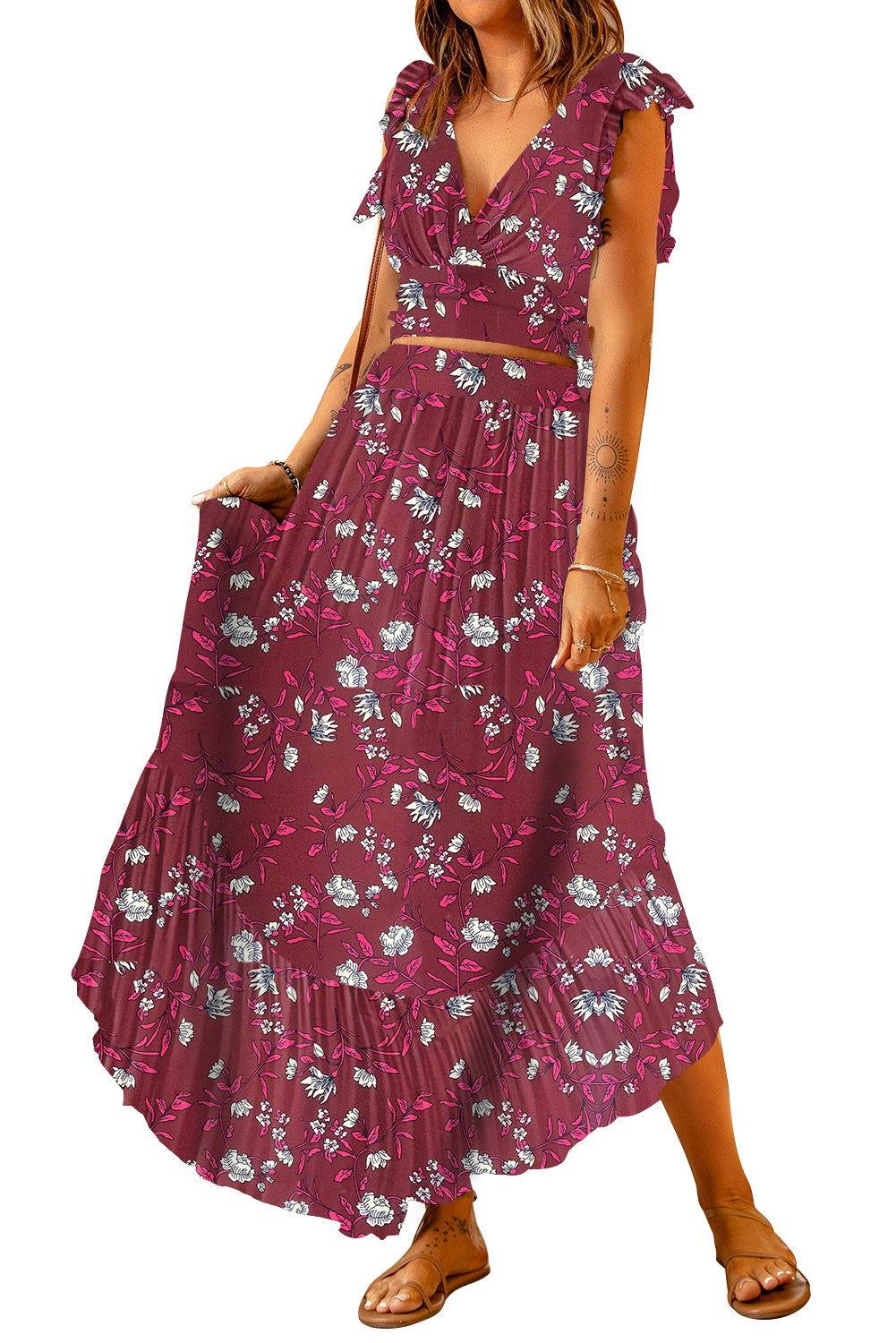 Printed Tie Back Cropped Top and Maxi Skirt Set - Clothes For Her Online Store