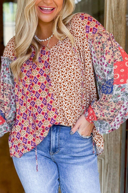 Printed Tie Neck Long Sleeve Blouse - Clothes For Her Online Store