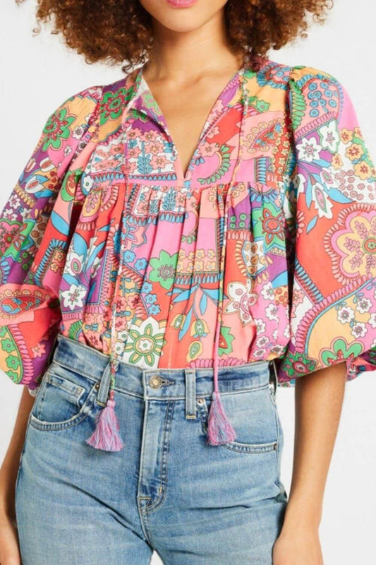 Printed Tie Neck Three-Quarter Sleeve Blouse - Clothes For Her Online Store