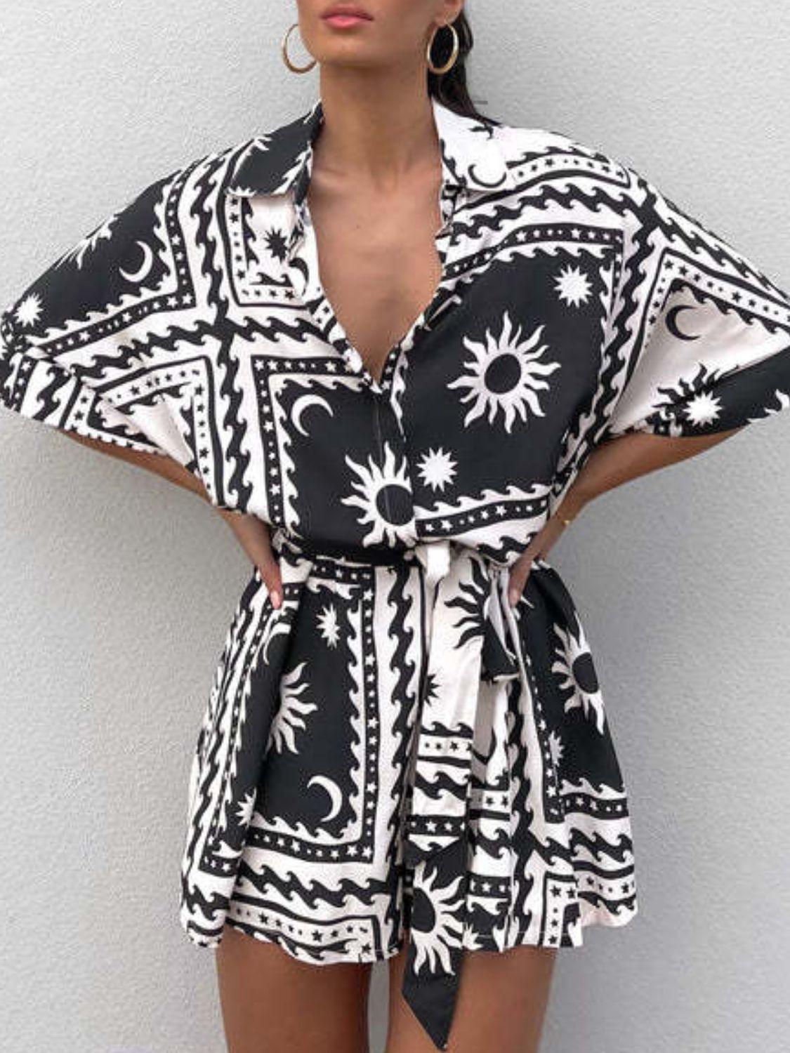 Printed Tie Waist Half Sleeve Romper - Clothes For Her Online Store