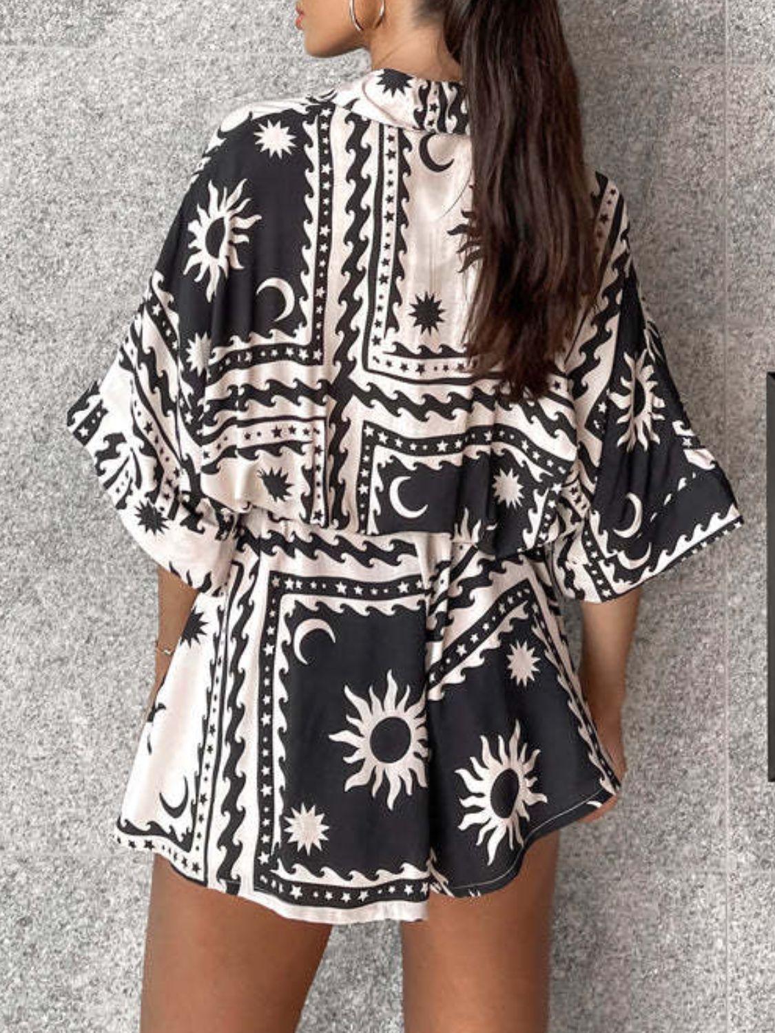 Printed Tie Waist Half Sleeve Romper - Clothes For Her Online Store