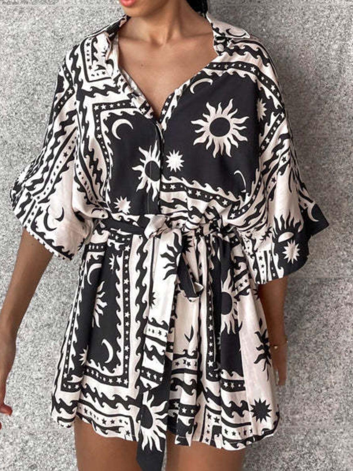 Printed Tie Waist Half Sleeve Romper - Clothes For Her Online Store