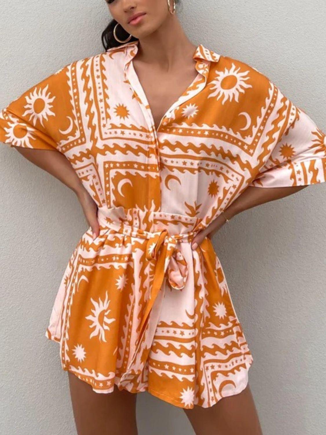 Printed Tie Waist Half Sleeve Romper - Clothes For Her Online Store