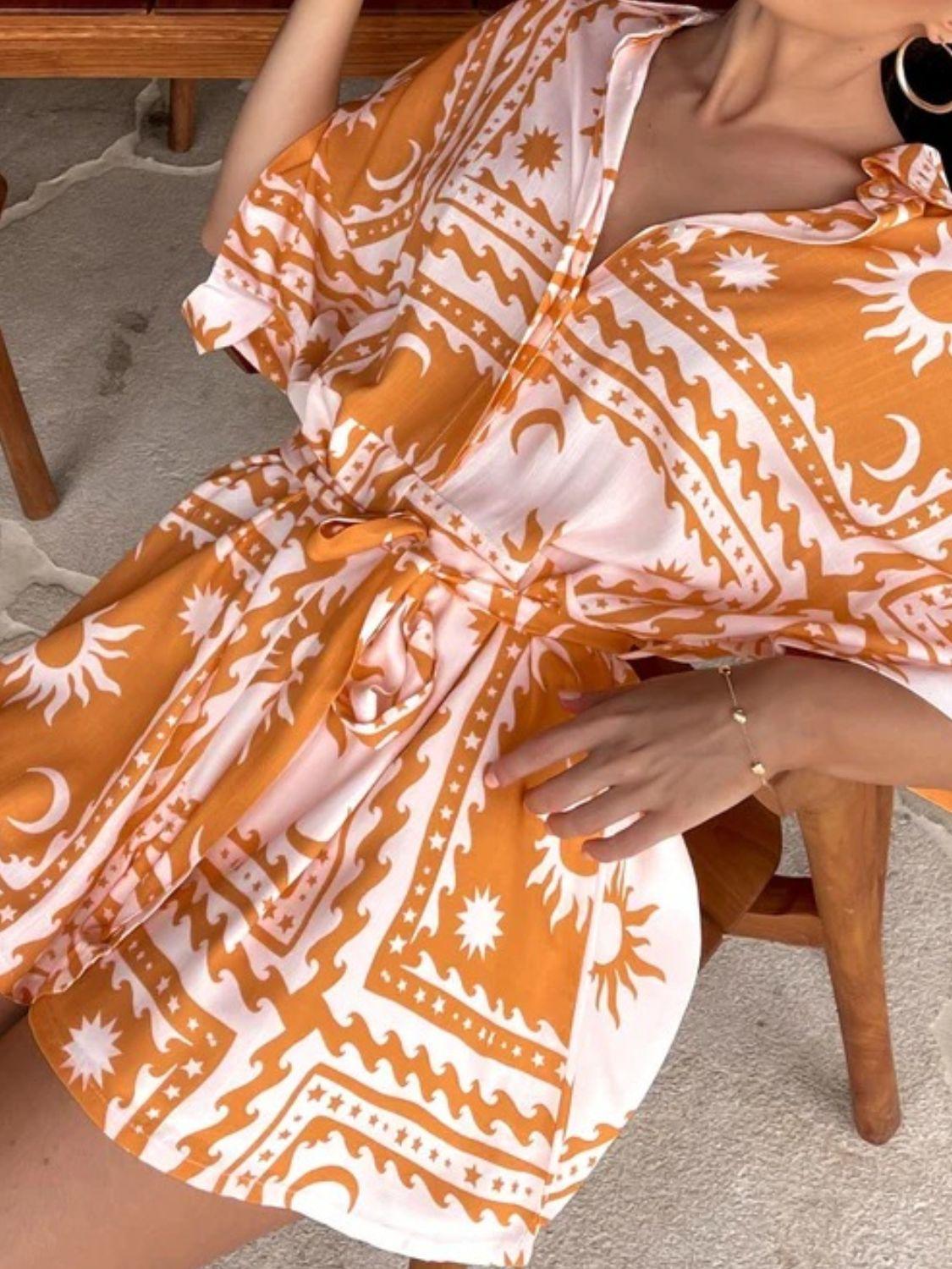 Printed Tie Waist Half Sleeve Romper - Clothes For Her Online Store