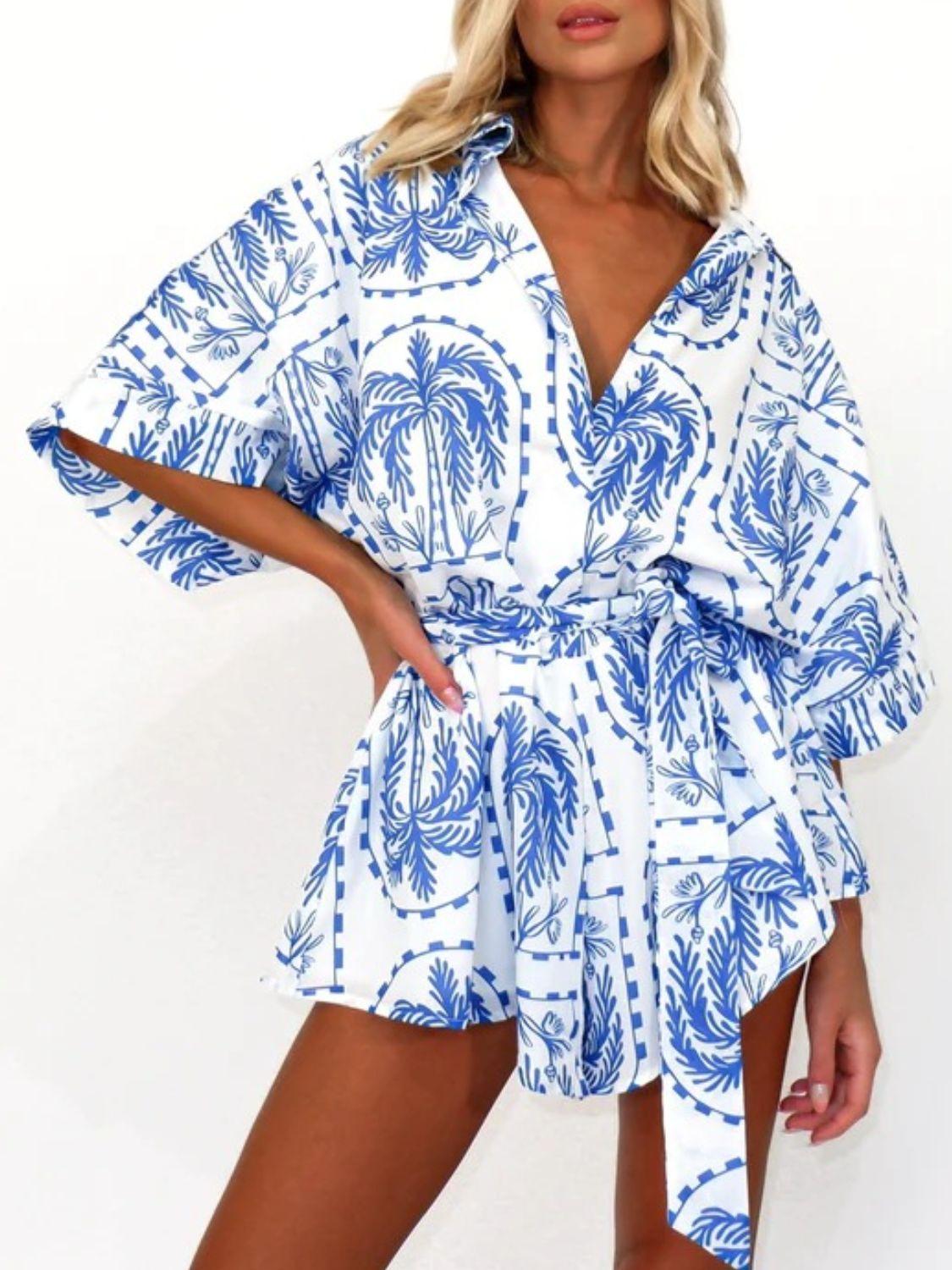 Printed Tie Waist Half Sleeve Romper - Clothes For Her Online Store