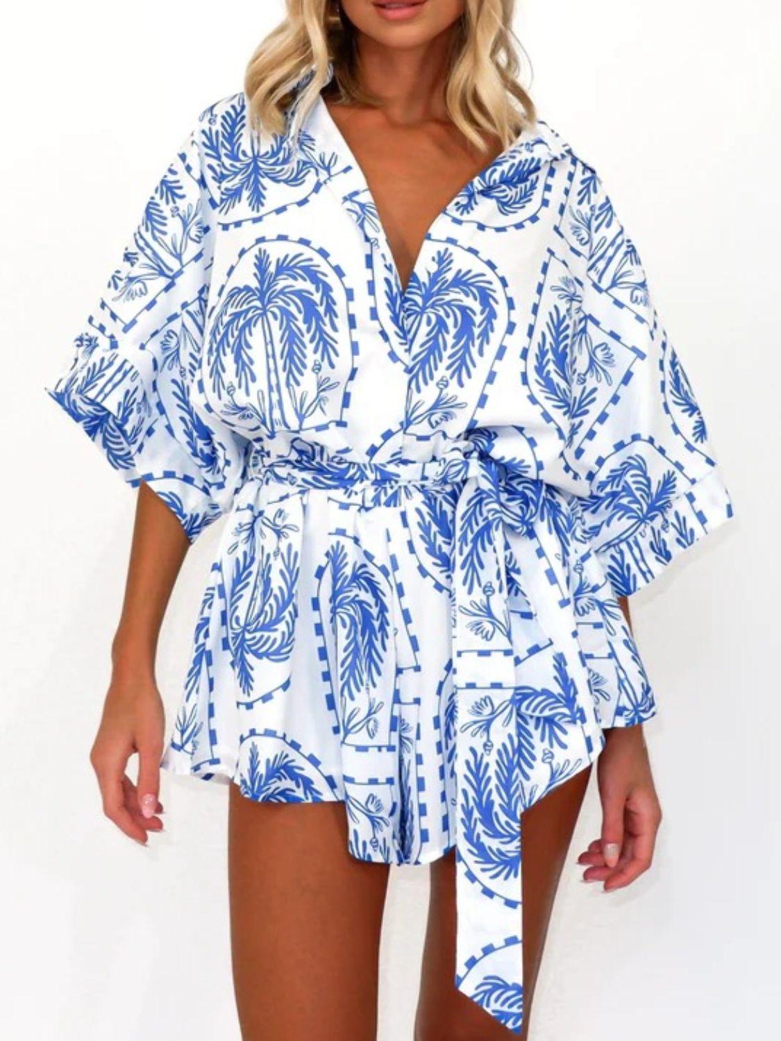 Printed Tie Waist Half Sleeve Romper - Clothes For Her Online Store