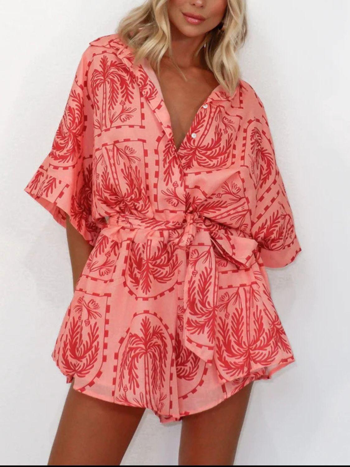 Printed Tie Waist Half Sleeve Romper - Clothes For Her Online Store
