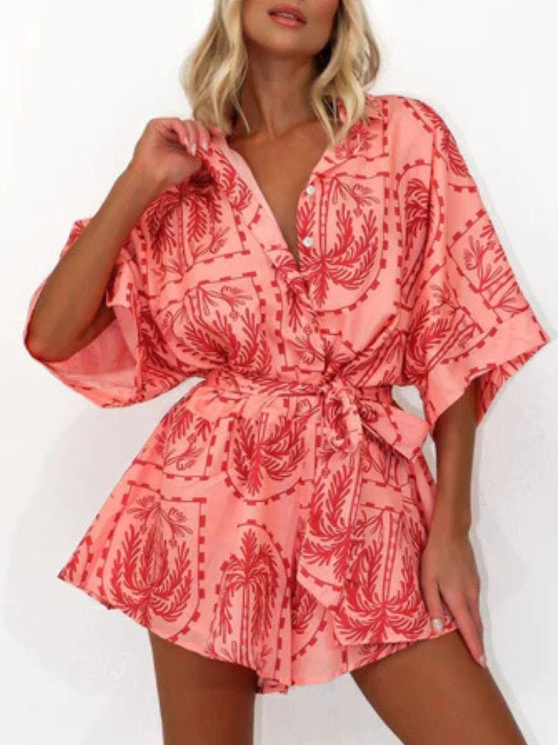 Printed Tie Waist Half Sleeve Romper - Clothes For Her Online Store