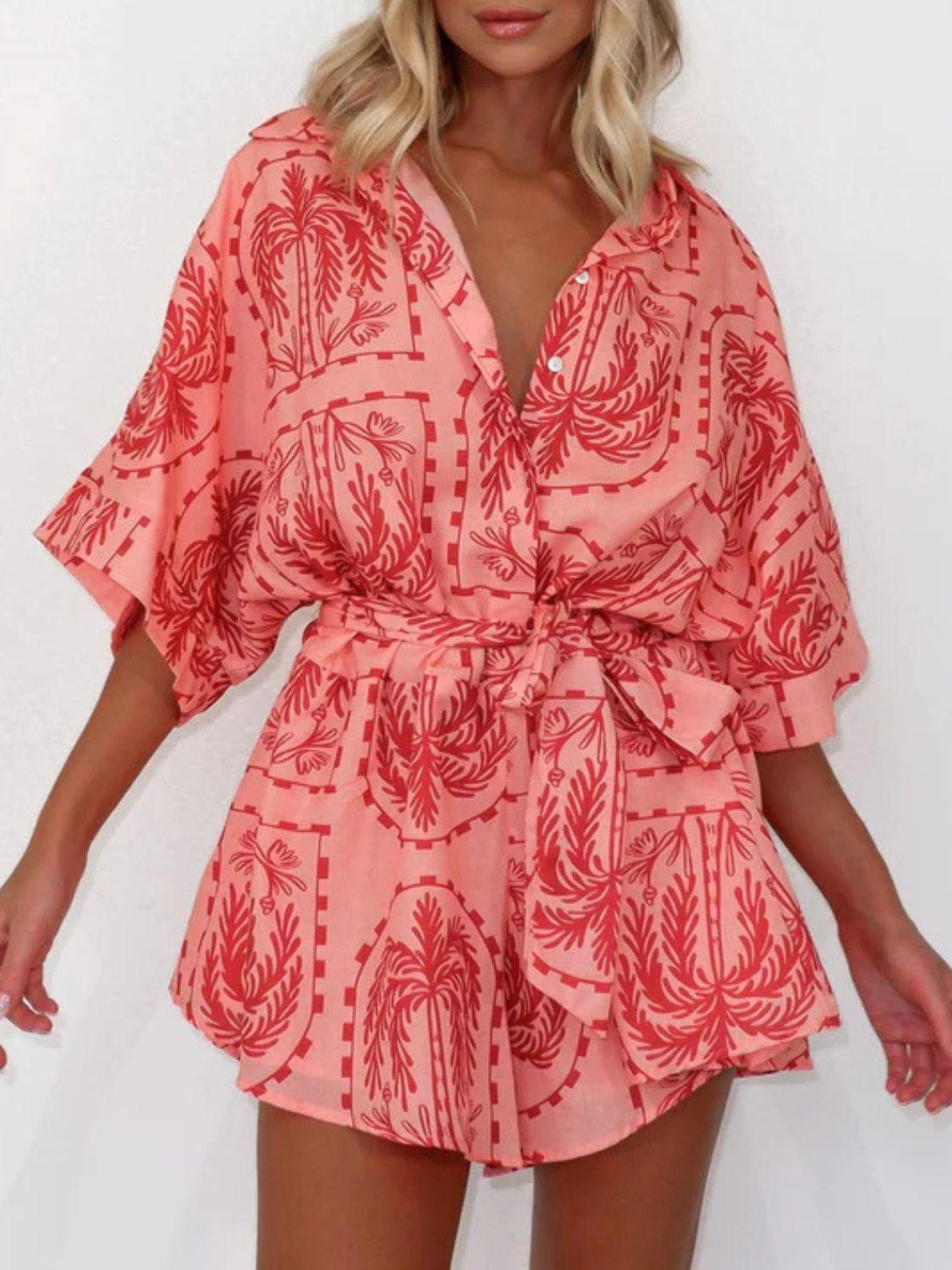 Printed Tie Waist Half Sleeve Romper - Clothes For Her Online Store