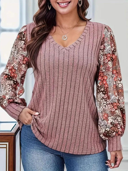 Printed V-Neck Long Sleeve T-Shirt - Clothes For Her Online Store