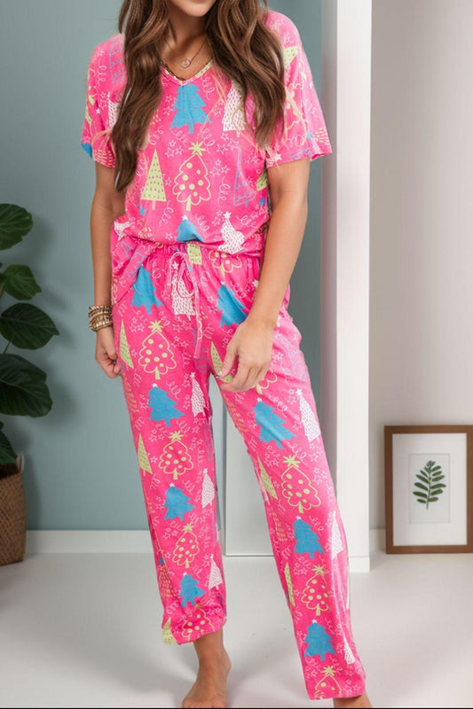 Printed V-Neck Short Sleeve Top and Pants Lounge Set - Clothes For Her Online Store