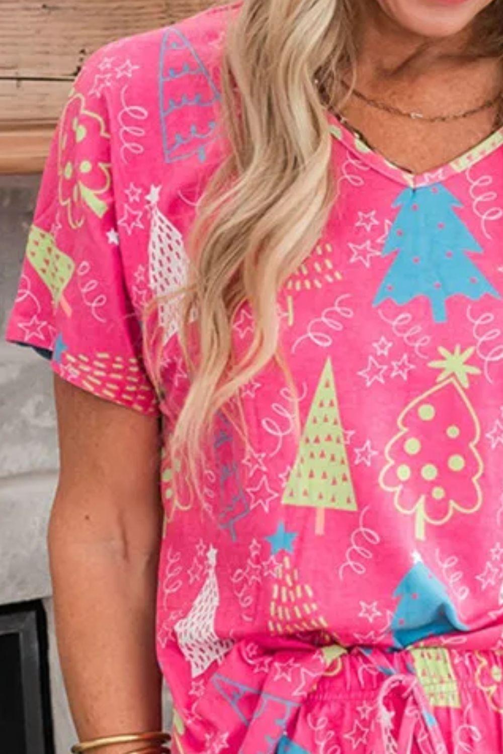 Printed V-Neck Short Sleeve Top and Pants Lounge Set - Clothes For Her Online Store