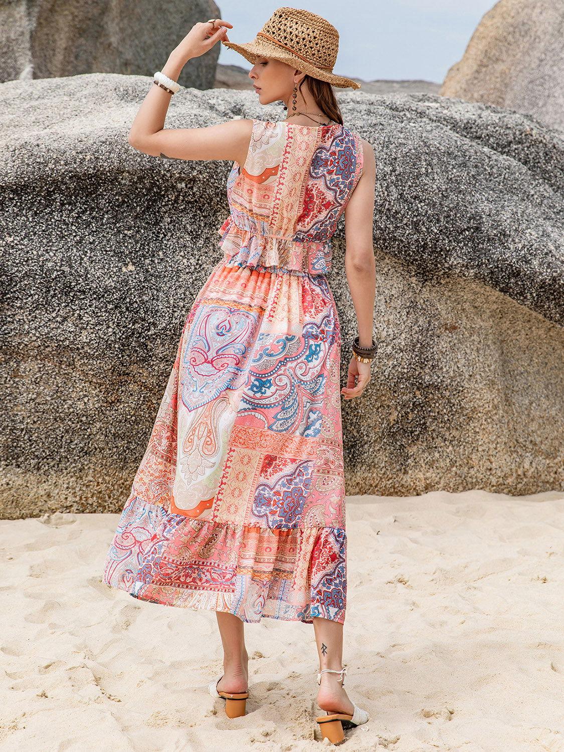 Printed V-Neck Top and Midi Skirt Set - Clothes For Her Online Store
