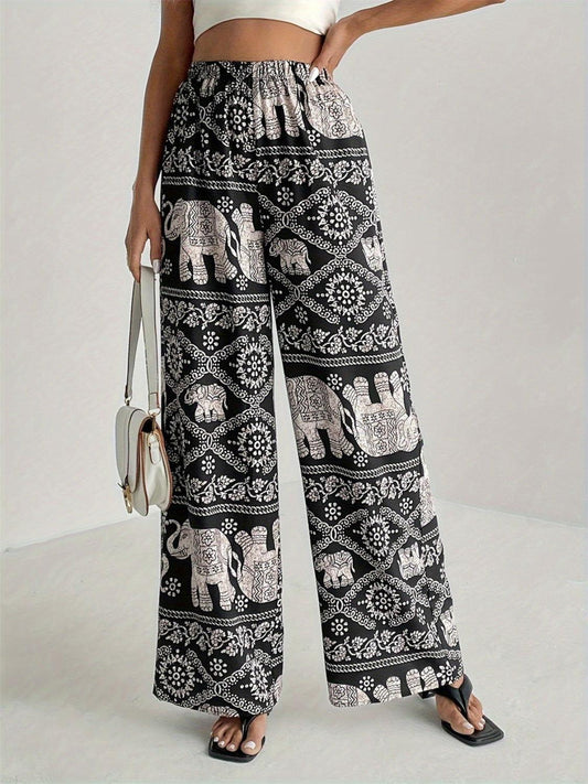 Printed Wide Leg Elastic Waist Pants - Clothes For Her Online Store