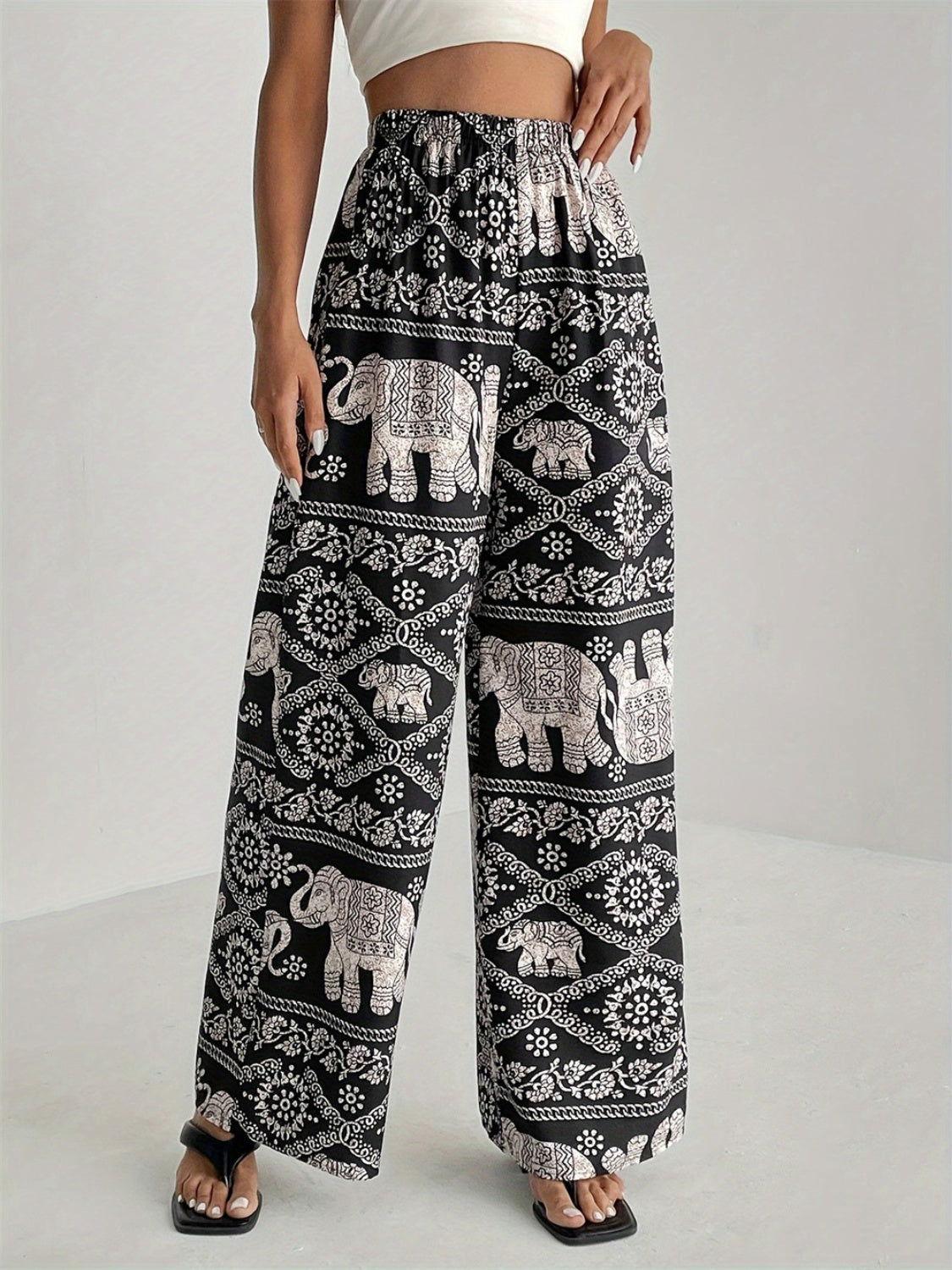 Printed Wide Leg Elastic Waist Pants - Clothes For Her Online Store