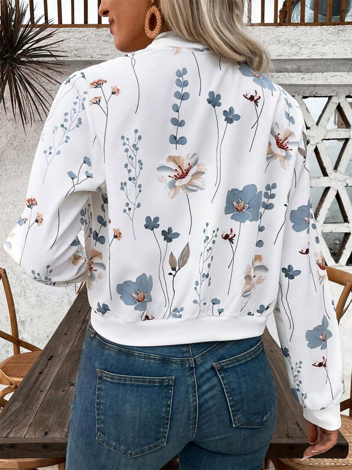 Printed Zip Up Long Sleeve Jacket - Clothes For Her Online Store