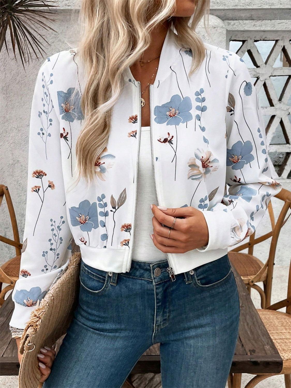 Printed Zip Up Long Sleeve Jacket - Clothes For Her Online Store