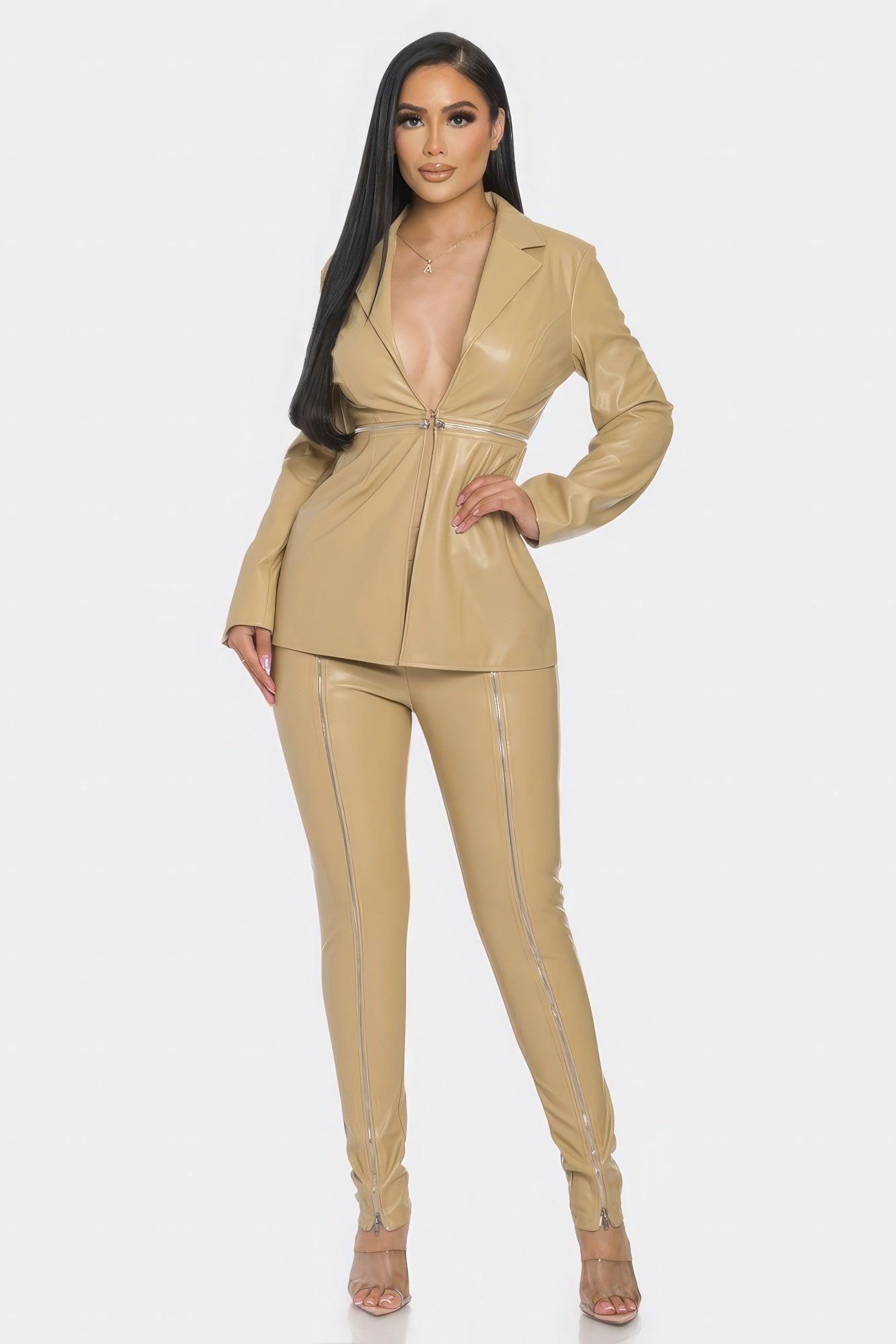 Pu Leather Zipper Pant Set - Clothes For Her Online Store