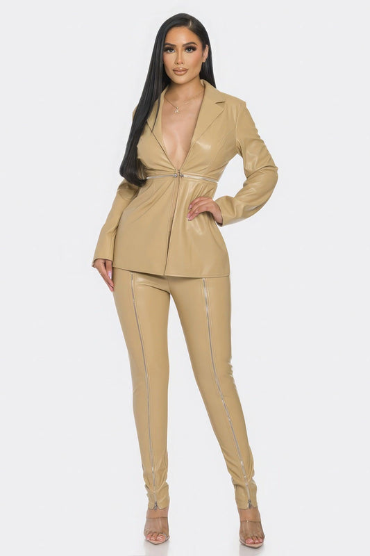 Pu Leather Zipper Pant Set - Clothes For Her Online Store
