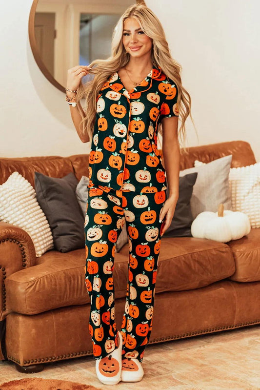 Pumpkin Printed Short Sleeve Top and Pants Lounge Set - Clothes For Her Online Store