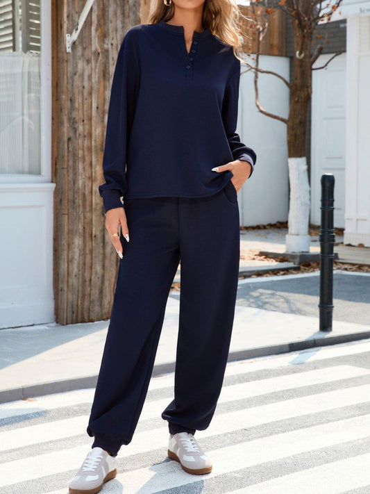 Quarter Button Long Sleeve Top and Pants Set - Clothes For Her Online Store