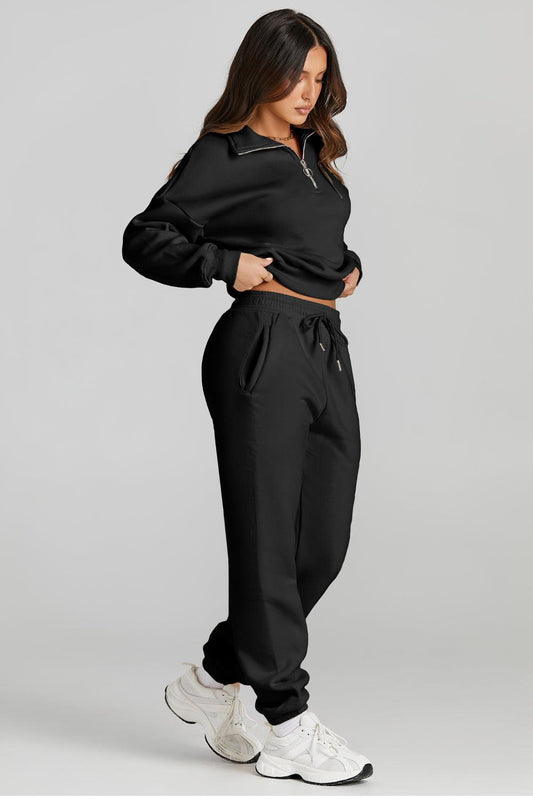 Quarter Zip Top and Drawstring Pants Active Set - Clothes For Her Online Store