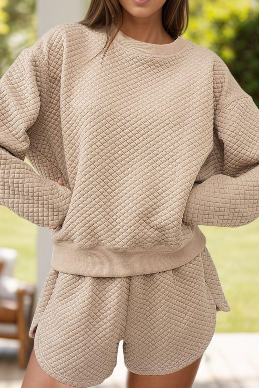 Quilted Round Neck Long Sleeve Top and Shorts Set - Clothes For Her Online Store