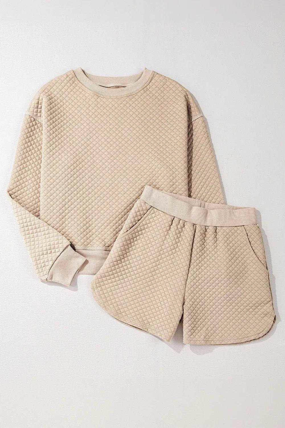 Quilted Round Neck Long Sleeve Top and Shorts Set - Clothes For Her Online Store