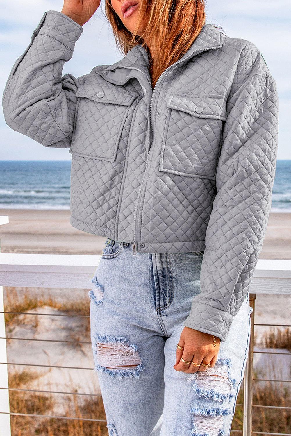 Quilted Snap and Zip Long Sleeve Cropped Jacket - Clothes For Her Online Store