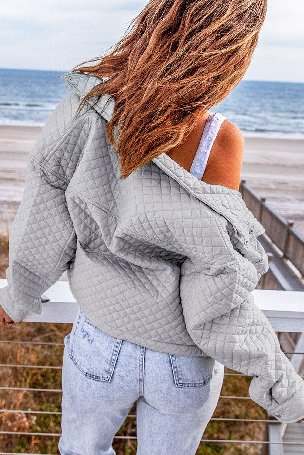 Quilted Snap and Zip Long Sleeve Cropped Jacket - Clothes For Her Online Store
