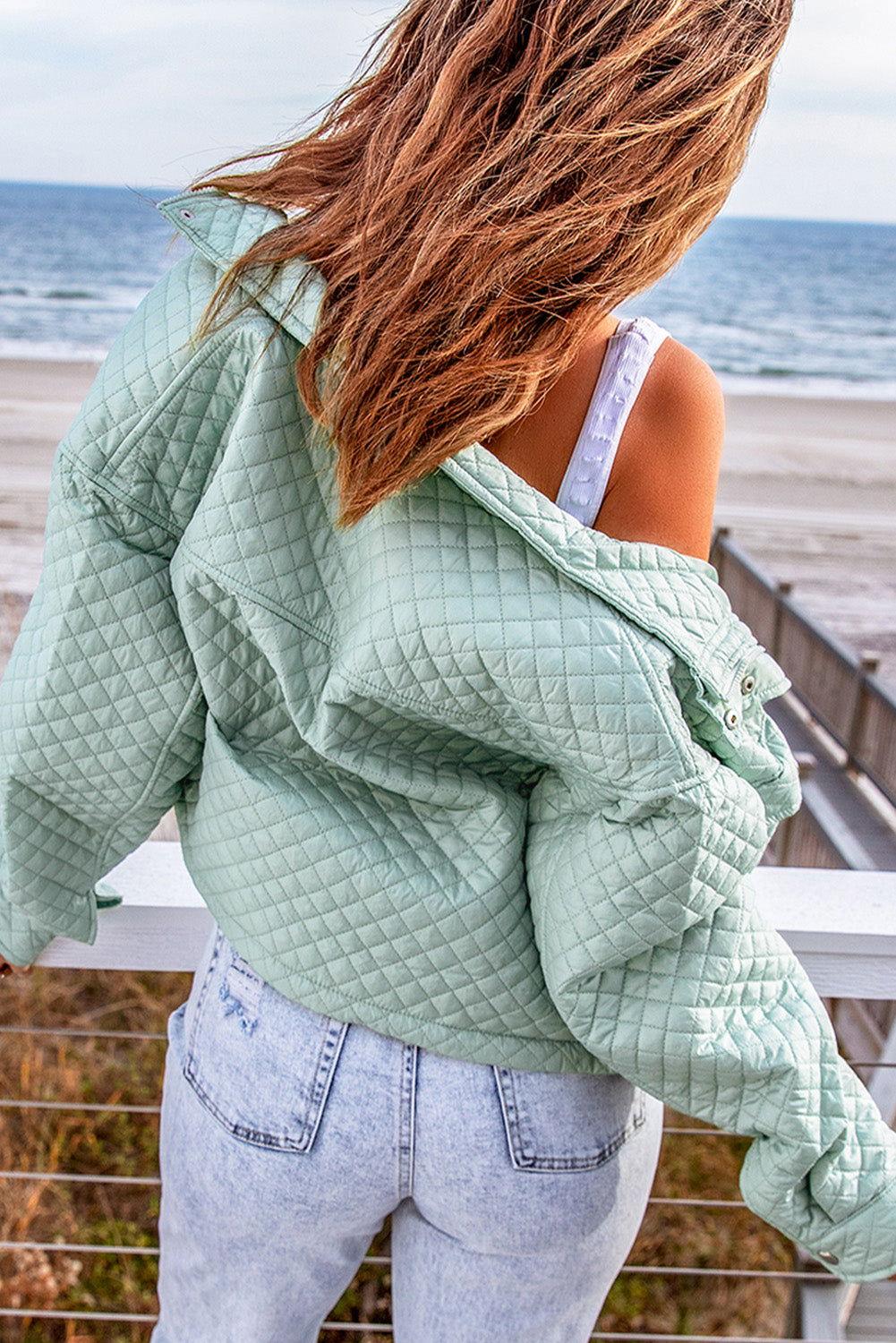 Quilted Snap and Zip Long Sleeve Cropped Jacket - Clothes For Her Online Store