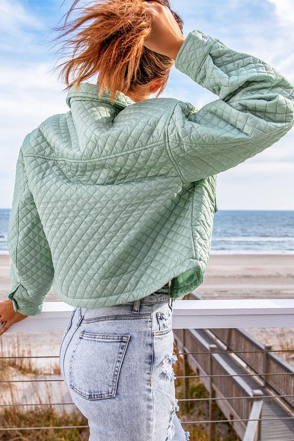 Quilted Snap and Zip Long Sleeve Cropped Jacket - Clothes For Her Online Store