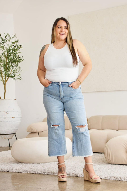 RFM Full Size Tummy Control High Waist Raw Hem Distressed Jeans - Clothes For Her Online Store