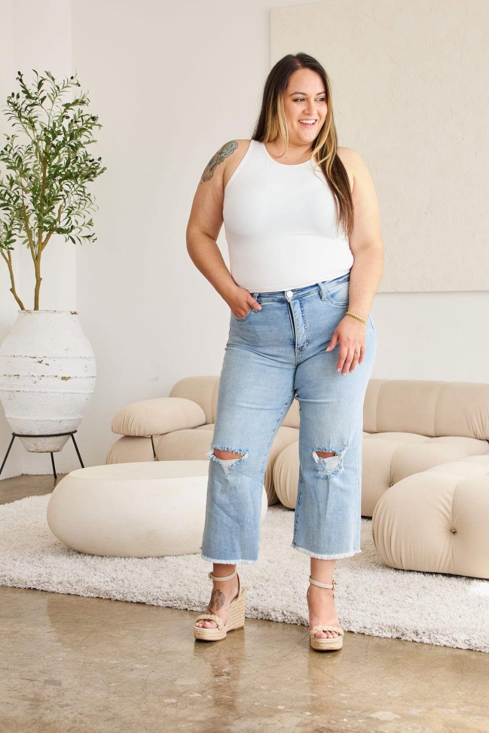RFM Full Size Tummy Control High Waist Raw Hem Distressed Jeans - Clothes For Her Online Store