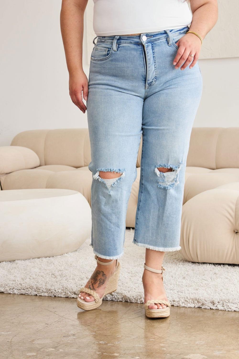 RFM Full Size Tummy Control High Waist Raw Hem Distressed Jeans - Clothes For Her Online Store