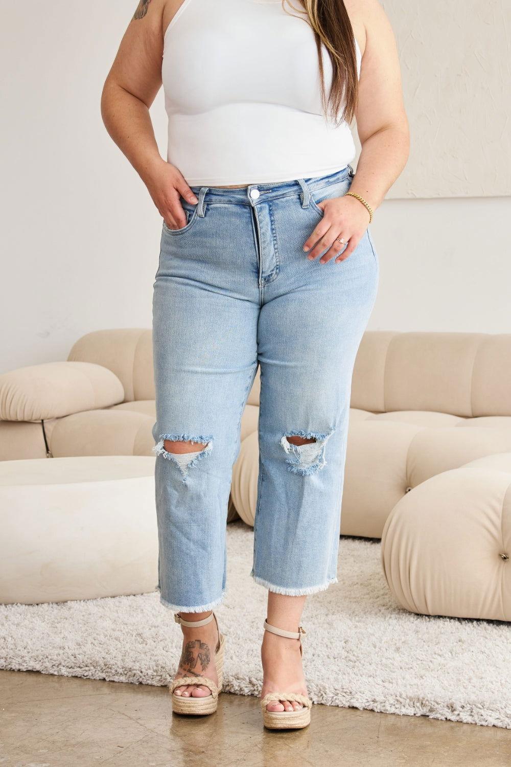 RFM Full Size Tummy Control High Waist Raw Hem Distressed Jeans - Clothes For Her Online Store