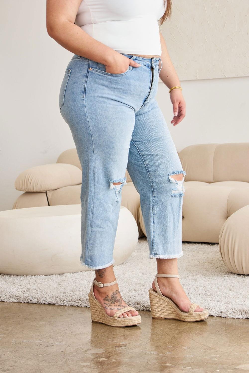RFM Full Size Tummy Control High Waist Raw Hem Distressed Jeans - Clothes For Her Online Store