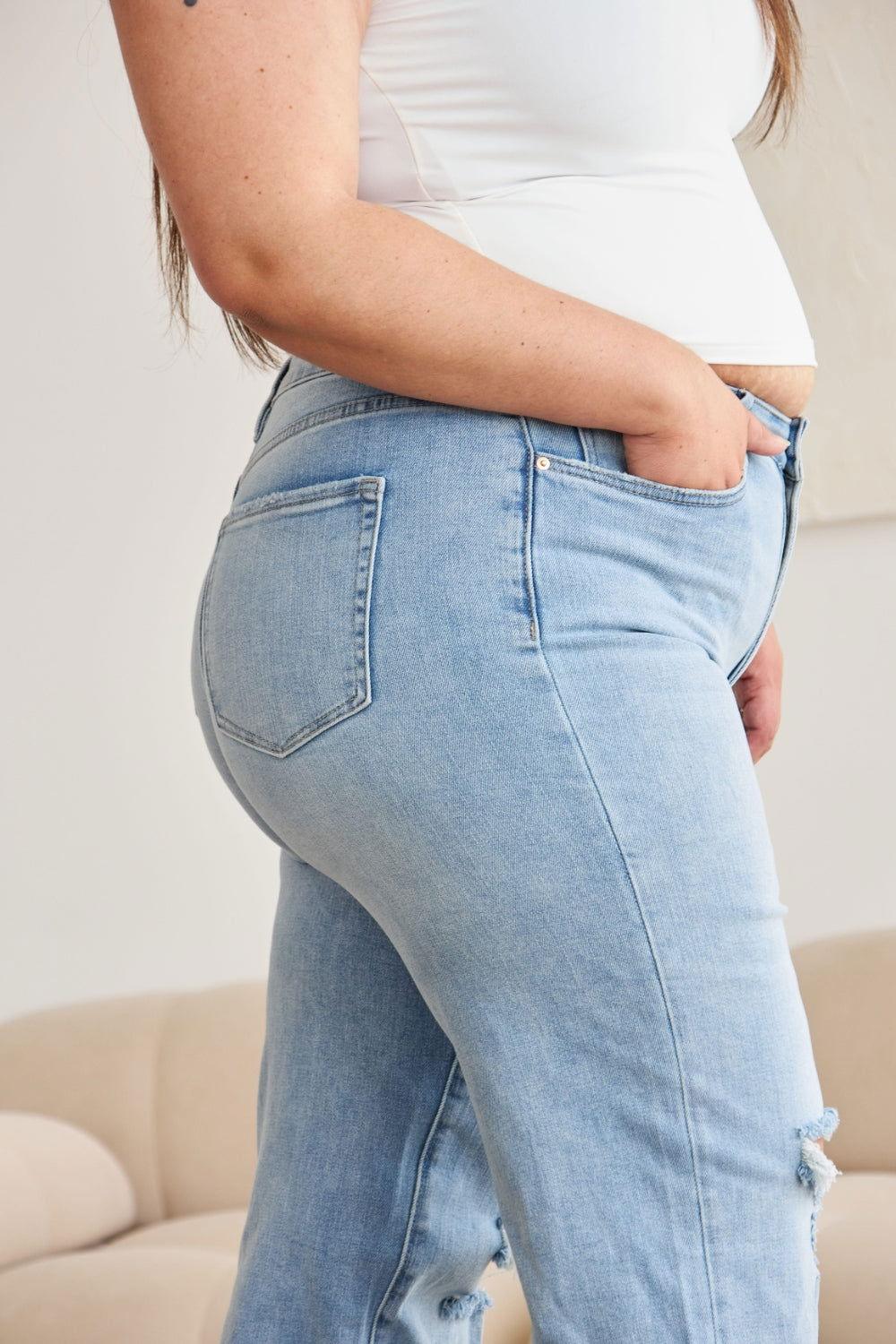 RFM Full Size Tummy Control High Waist Raw Hem Distressed Jeans - Clothes For Her Online Store