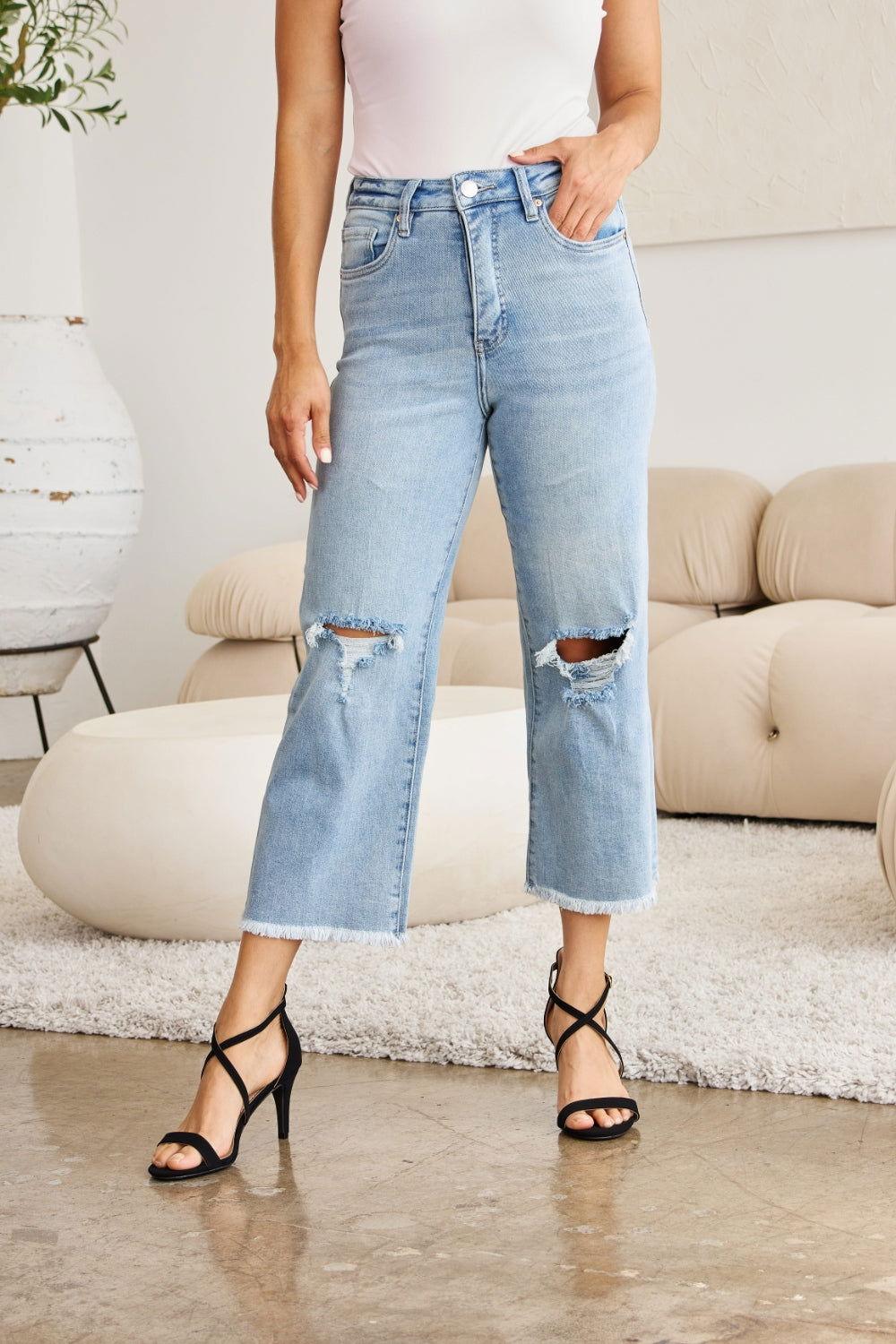 RFM Full Size Tummy Control High Waist Raw Hem Distressed Jeans - Clothes For Her Online Store