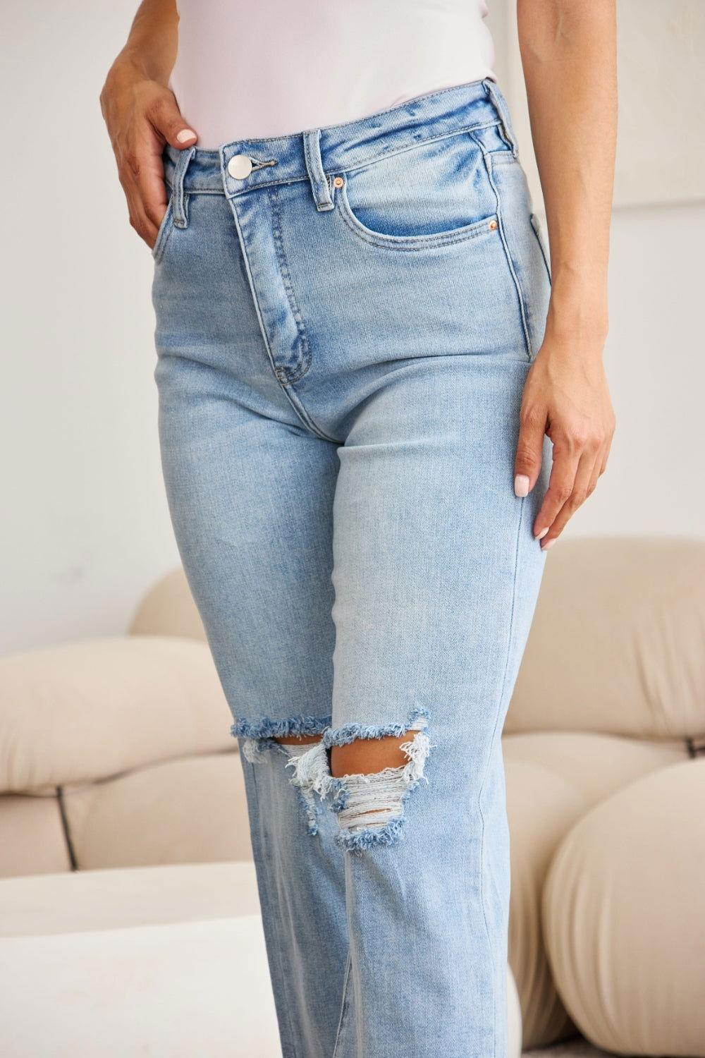 RFM Full Size Tummy Control High Waist Raw Hem Distressed Jeans - Clothes For Her Online Store