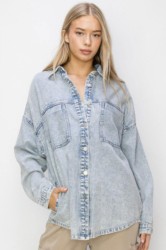 RISEN Button Up Long Sleeve Shacket - Clothes For Her Online Store