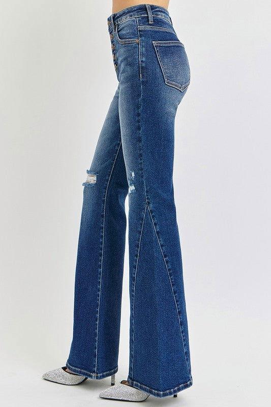 RISEN Distressed Button-Fly Flare Jeans - Clothes For Her Online Store