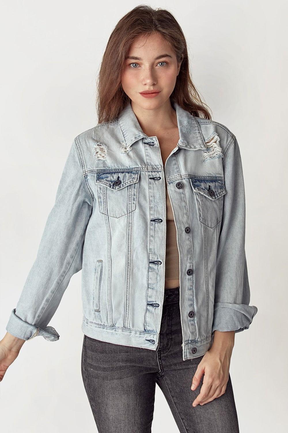 RISEN Distressed Button Up Jacket - Clothes For Her Online Store