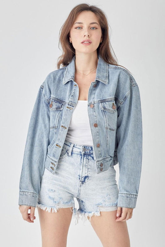 RISEN Full Size Button Down Cropped Denim Jacket - Clothes For Her Online Store